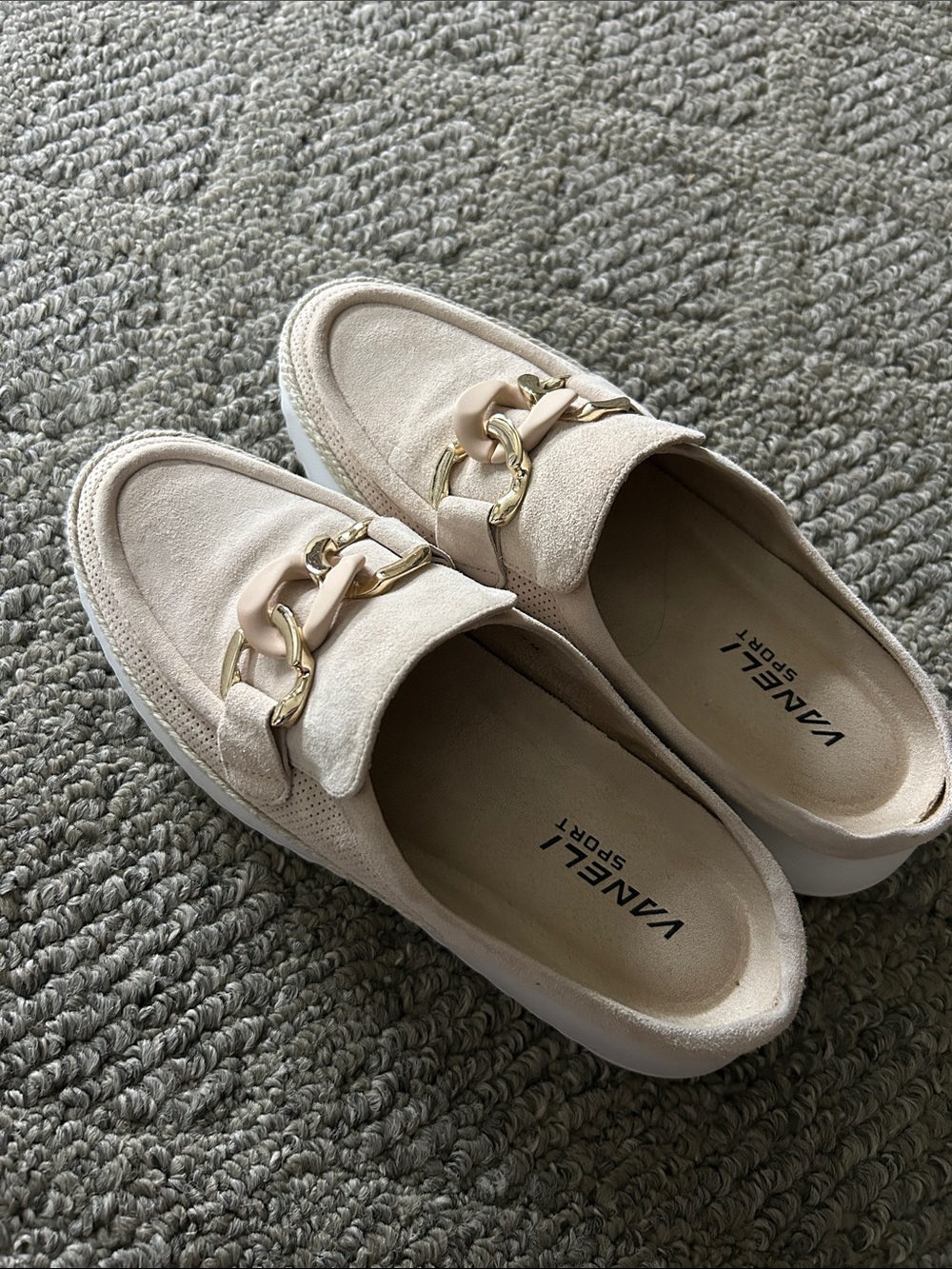 Vaneli Cream Suede Loafers with Gold Chain Accent